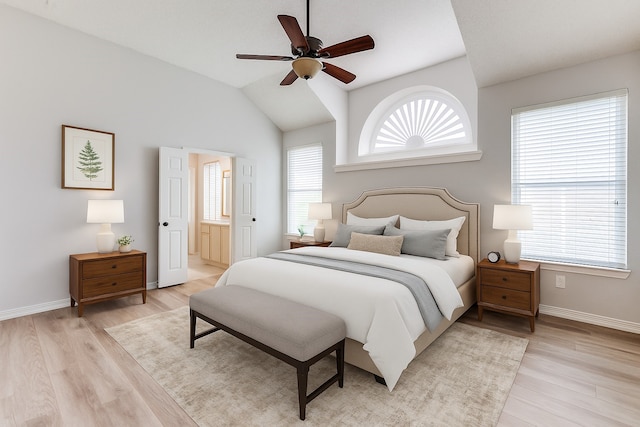 7491 Daffodil Way, Frisco, TX 75033 - bedroom with light wood-style floors, vaulted ceiling, baseboards, ensuite bathroom, and ceiling fan