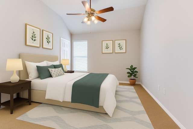 7491 Daffodil Way, Frisco, TX 75033 - bedroom featuring lofted ceiling, baseboards, light colored carpet, and ceiling fan