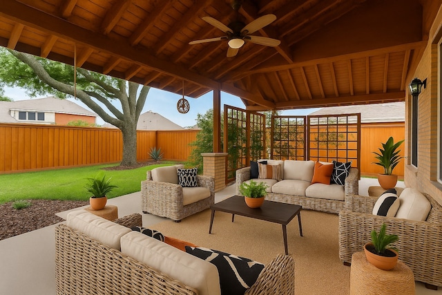 7491 Daffodil Way, Frisco, TX 75033 - fenced backyard featuring outdoor lounge area, a ceiling fan, and a patio area