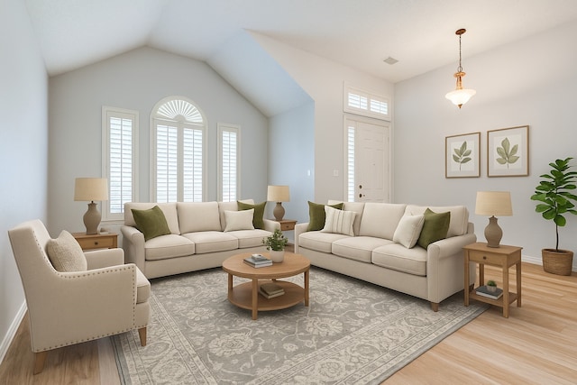 7491 Daffodil Way, Frisco, TX 75033 - living room featuring wood finished floors, baseboards, and vaulted ceiling