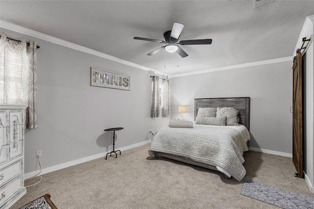 6201 Whitman Ave, Fort Worth, TX 76133 - carpeted bedroom featuring baseboards, crown molding, a ceiling fan, and a barn door