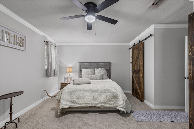 6201 Whitman Ave, Fort Worth, TX 76133 - carpeted bedroom featuring a barn door, baseboards, ornamental molding, ceiling fan, and a textured ceiling