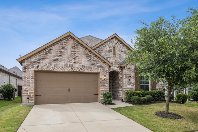 1529 Calcot Ln, Forney, TX 75126 - french country inspired facade with brick siding, an attached garage, driveway, and a front lawn