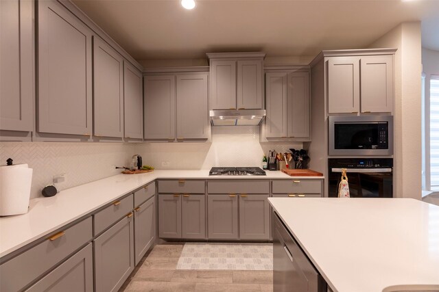 3036 Lionsgate Dr, Argyle, TX 76226 - kitchen featuring stainless steel appliances, gray cabinets, under cabinet range hood, tasteful backsplash, and recessed lighting