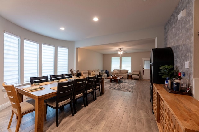 3036 Lionsgate Dr, Argyle, TX 76226 - dining room featuring light wood-style flooring, ceiling fan, and recessed lighting