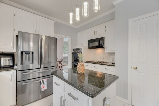 2805 Pine View Dr, Grapevine, TX 76051 - kitchen featuring black appliances, backsplash, ornamental molding, white cabinets, and a center island