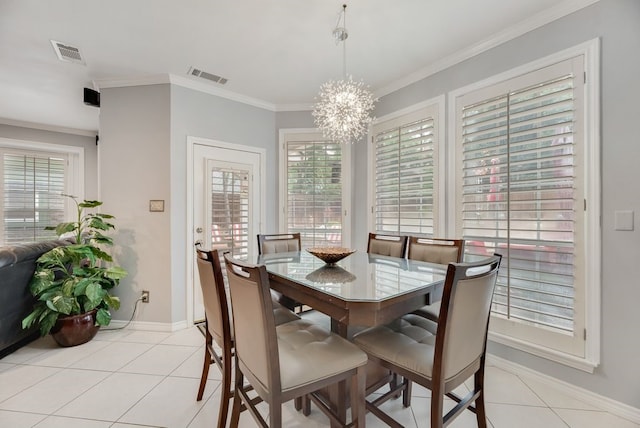 2805 Pine View Dr, Grapevine, TX 76051 - dining area featuring a chandelier, baseboards, ornamental molding, and light tile patterned floors