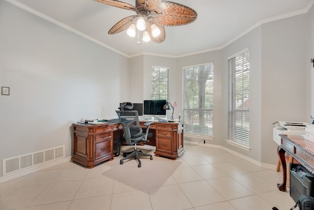 2805 Pine View Dr, Grapevine, TX 76051 - home office featuring a ceiling fan, plenty of natural light, crown molding, baseboards, and light tile patterned floors