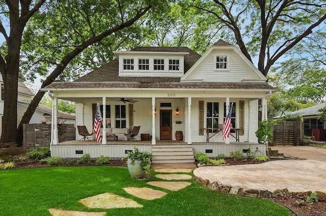 505 N College St, Mckinney, TX 75069 - view of front facade with covered porch, ceiling fan, roof with shingles, and crawl space