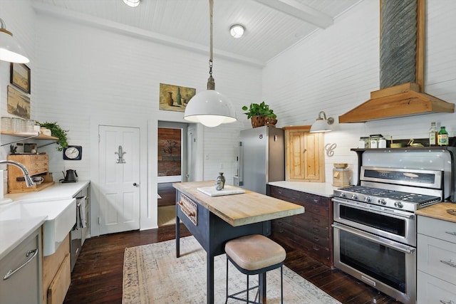 505 N College St, Mckinney, TX 75069 - kitchen with stainless steel appliances, wood counters, dark wood-style floors, a sink, and a high ceiling