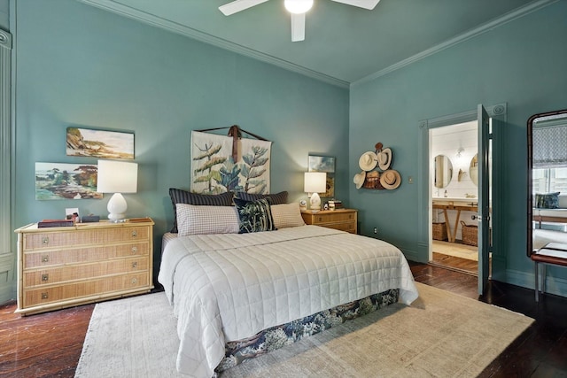 505 N College St, Mckinney, TX 75069 - bedroom with ornamental molding, hardwood / wood-style flooring, connected bathroom, and ceiling fan