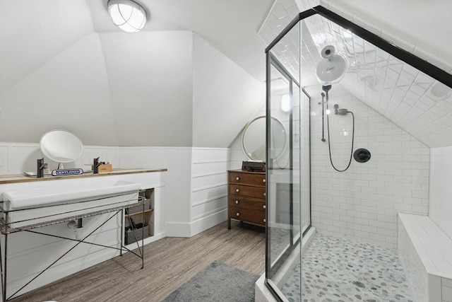 505 N College St, Mckinney, TX 75069 - bathroom featuring a shower stall, lofted ceiling, wood finished floors, a wainscoted wall, and vanity