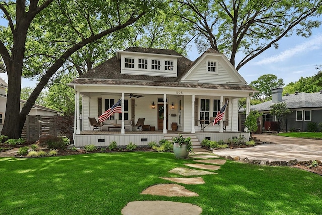 505 N College St, Mckinney, TX 75069 - view of front of home with a porch, a ceiling fan, a front yard, crawl space, and roof with shingles
