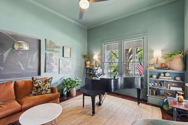 505 N College St, Mckinney, TX 75069 - sitting room featuring wood finished floors, crown molding, and ceiling fan