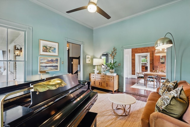 505 N College St, Mckinney, TX 75069 - living area featuring crown molding, ceiling fan, wood finished floors, and baseboards