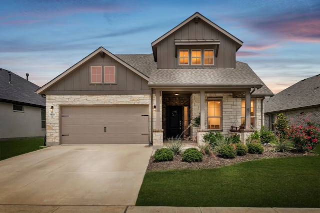 1601 Stetson St, Northlake, TX 76247 - craftsman inspired home with board and batten siding, stone siding, roof with shingles, covered porch, and concrete driveway