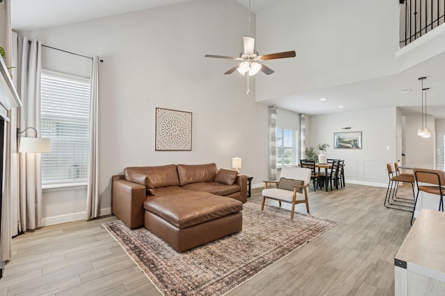 1601 Stetson St, Northlake, TX 76247 - living area featuring a ceiling fan, high vaulted ceiling, light wood-style floors, baseboards, and recessed lighting