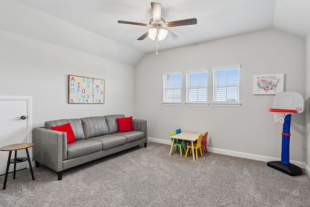 1601 Stetson St, Northlake, TX 76247 - living area with lofted ceiling, ceiling fan, carpet flooring, and baseboards