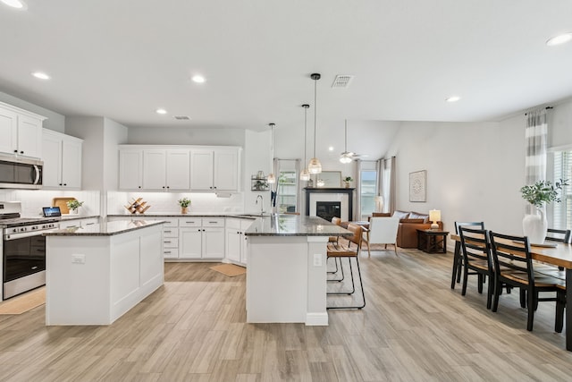 1601 Stetson St, Northlake, TX 76247 - kitchen featuring stainless steel appliances, a peninsula, a glass covered fireplace, ceiling fan, and a sink