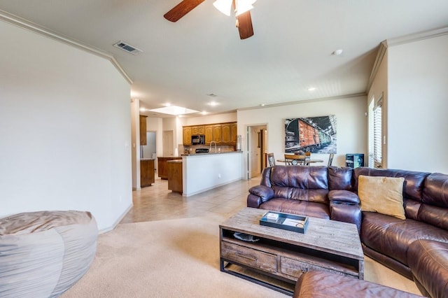 6620 Friendsway Dr, Fort Worth, TX 76137 - living area with crown molding, baseboards, ceiling fan, recessed lighting, and light tile patterned floors
