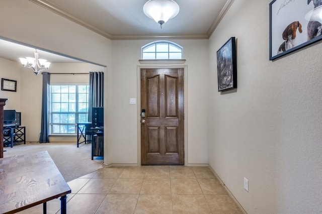 6620 Friendsway Dr, Fort Worth, TX 76137 - foyer entrance featuring crown molding, a chandelier, baseboards, and light tile patterned floors