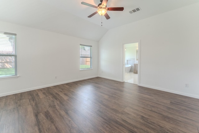 2025 Scott Creek Dr, Little Elm, TX 75068 - unfurnished room with ceiling fan, vaulted ceiling, dark wood finished floors, and baseboards