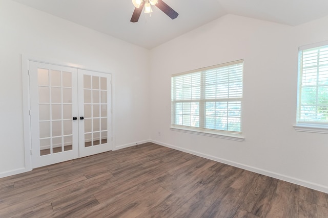 2025 Scott Creek Dr, Little Elm, TX 75068 - spare room featuring french doors, a ceiling fan, wood finished floors, lofted ceiling, and baseboards