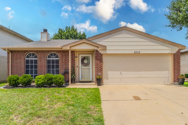 8713 Trinity Vista Trl, Fort Worth, TX 76053 - single story home featuring brick siding, an attached garage, driveway, a front lawn, and a chimney