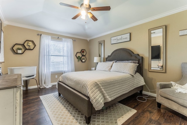 8713 Trinity Vista Trl, Fort Worth, TX 76053 - bedroom featuring baseboards, dark wood-style floors, ornamental molding, and ceiling fan