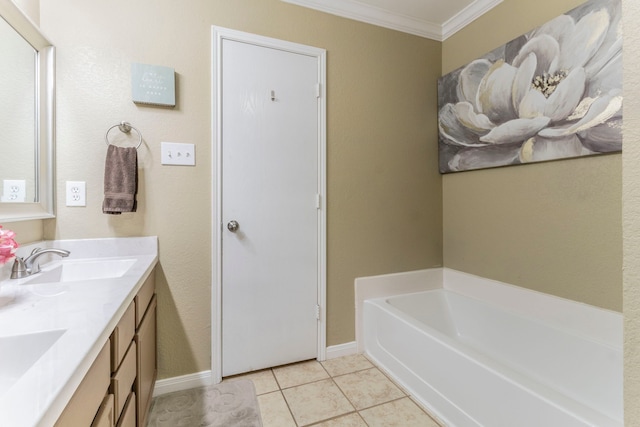 8713 Trinity Vista Trl, Fort Worth, TX 76053 - bathroom featuring ornamental molding, double vanity, a bath, tile patterned flooring, and baseboards