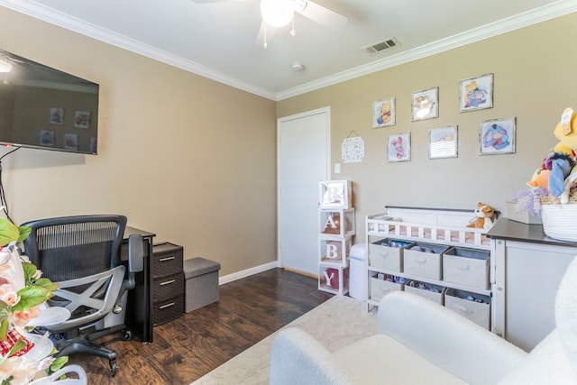 8713 Trinity Vista Trl, Fort Worth, TX 76053 - bedroom featuring wood finished floors, ornamental molding, baseboards, a desk, and ceiling fan