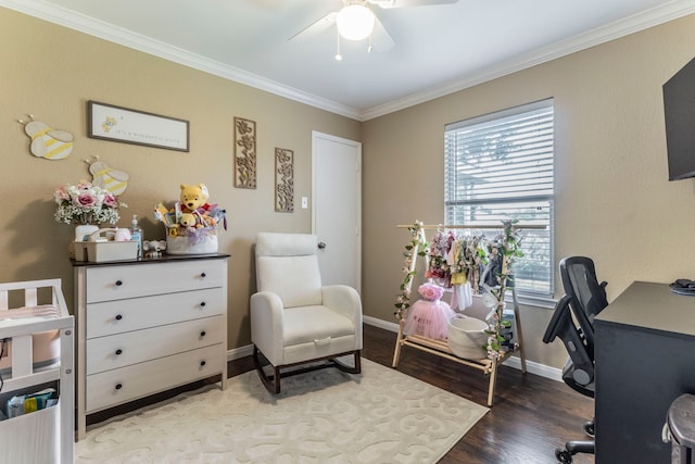8713 Trinity Vista Trl, Fort Worth, TX 76053 - home office with a ceiling fan, baseboards, crown molding, and wood finished floors