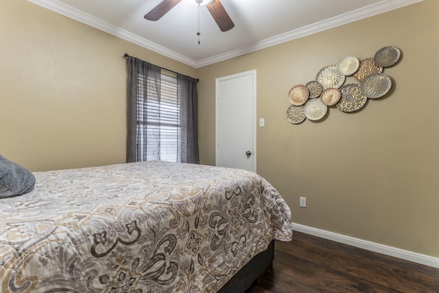 8713 Trinity Vista Trl, Fort Worth, TX 76053 - bedroom featuring baseboards, dark wood-style flooring, crown molding, and ceiling fan