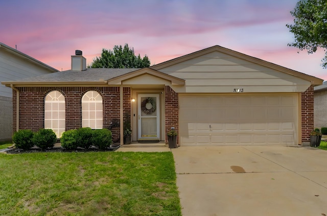 8713 Trinity Vista Trl, Fort Worth, TX 76053 - ranch-style house with brick siding, concrete driveway, a chimney, a garage, and a front lawn