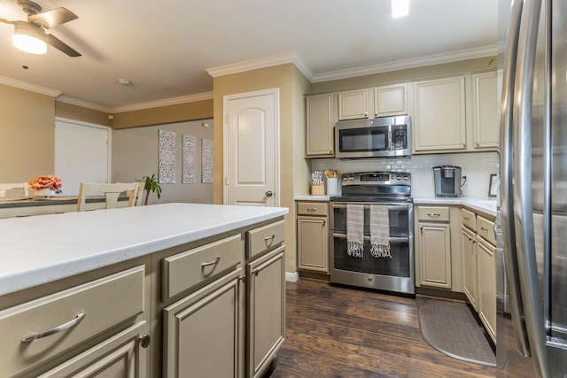 8713 Trinity Vista Trl, Fort Worth, TX 76053 - kitchen featuring stainless steel appliances, dark wood-style flooring, crown molding, light countertops, and tasteful backsplash