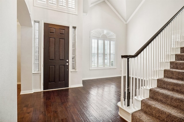 3112 Myrtice Dr, Flower Mound, TX 75022 - entrance foyer with wood-type flooring, stairs, high vaulted ceiling, and baseboards
