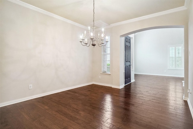 3112 Myrtice Dr, Flower Mound, TX 75022 - empty room featuring arched walkways, dark wood-type flooring, a chandelier, baseboards, and crown molding
