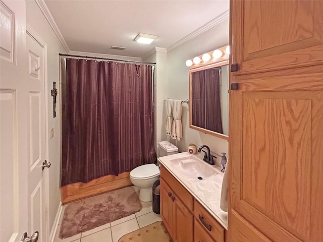 434 Thornton Ln, Palo Pinto, TX 76484 - bathroom with tile patterned floors, vanity, toilet, and ornamental molding