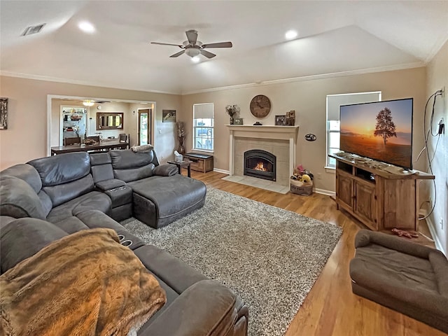 434 Thornton Ln, Palo Pinto, TX 76484 - living room with ceiling fan, light wood-style floors, crown molding, a fireplace, and vaulted ceiling