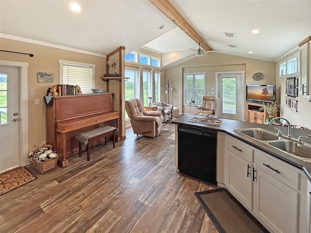 434 Thornton Ln, Palo Pinto, TX 76484 - kitchen with black dishwasher, a sink, wood finished floors, white cabinetry, and recessed lighting