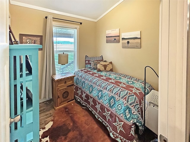 434 Thornton Ln, Palo Pinto, TX 76484 - bedroom featuring ornamental molding, vaulted ceiling, and dark colored carpet