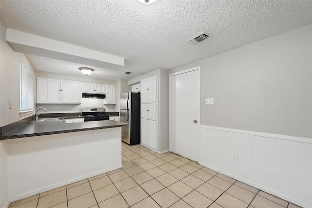 815 Quail Ter, Mansfield, TX 76063 - kitchen featuring stainless steel appliances, under cabinet range hood, a sink, a peninsula, and a textured ceiling
