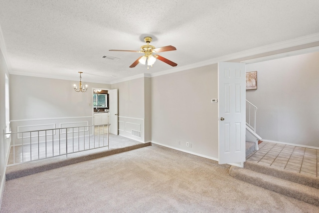 1019 W Lovers Ln W, Arlington, TX 76013 - spare room featuring a textured ceiling, a ceiling fan, light colored carpet, crown molding, and a chandelier