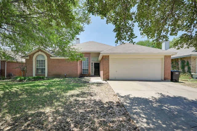 7405 Mesa Verde Trl, Fort Worth, TX 76137 - single story home with a chimney, brick siding, a garage, concrete driveway, and a front yard