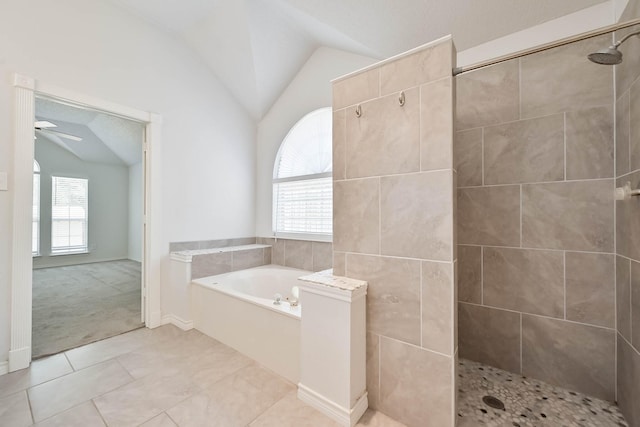 7405 Mesa Verde Trl, Fort Worth, TX 76137 - full bathroom with vaulted ceiling, a garden tub, a walk in shower, ceiling fan, and tile patterned floors