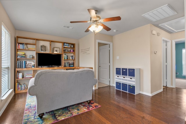 12001 Walden Wood Dr, Fort Worth, TX 76244 - living area featuring attic access, ceiling fan, wood finished floors, and baseboards
