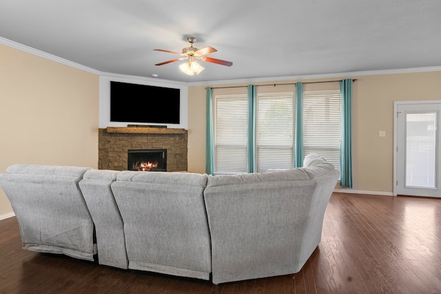 12001 Walden Wood Dr, Fort Worth, TX 76244 - living area with ornamental molding, a ceiling fan, baseboards, and dark wood-style floors