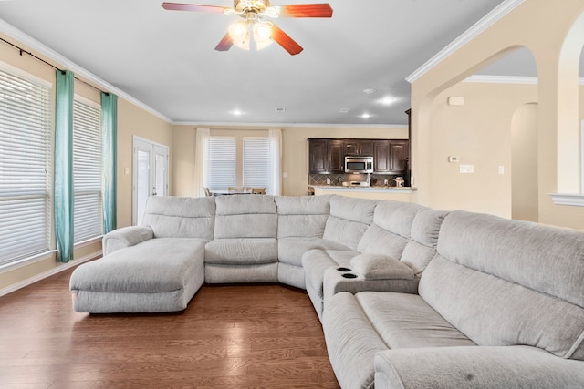 12001 Walden Wood Dr, Fort Worth, TX 76244 - living room with ceiling fan, arched walkways, ornamental molding, recessed lighting, and wood finished floors