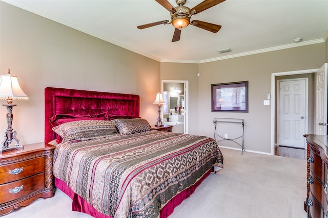 3801 Emerald Park Dr, Corinth, TX 76208 - bedroom with crown molding, carpet, baseboards, ceiling fan, and connected bathroom