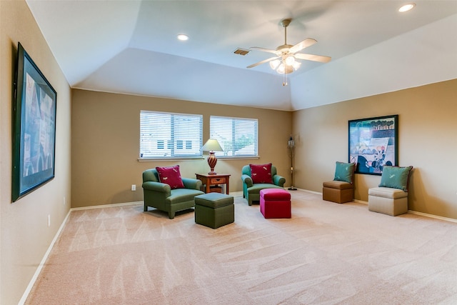 3801 Emerald Park Dr, Corinth, TX 76208 - living area with a ceiling fan, carpet flooring, recessed lighting, vaulted ceiling, and baseboards